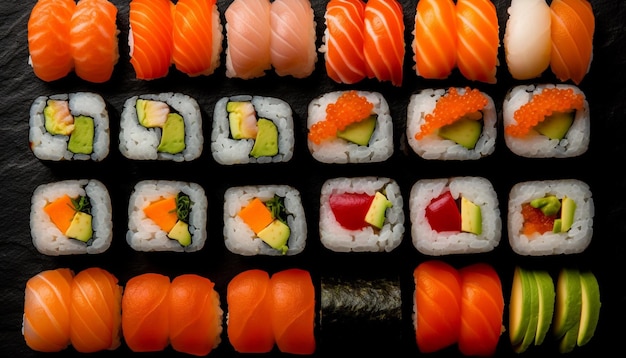 Fresh seafood rolled up in healthy maki sushi generated by AI