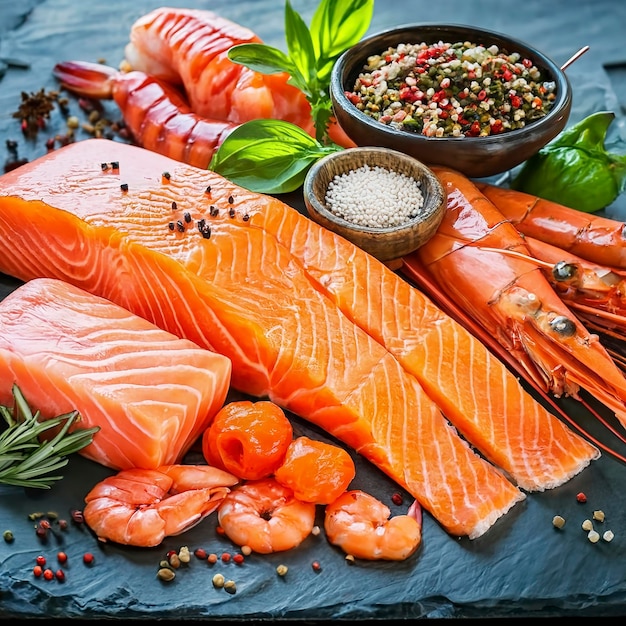 fresh seafood on a table with spices vegetables and olive oil fresh and smoked salmon shrimp