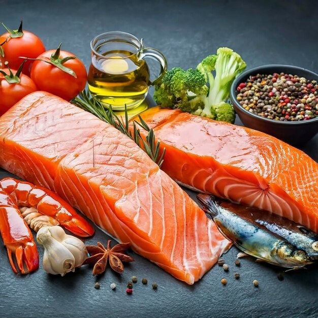 fresh seafood on a table with spices vegetables and olive oil fresh and smoked salmon shrimp