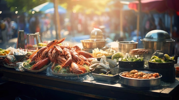 Fresh seafood and vegetables for sale at street market