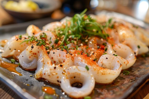 Foto cucchi di pesce con gamberetti freschi e calamari con erbe e spezie su un piatto in un ambiente rustico