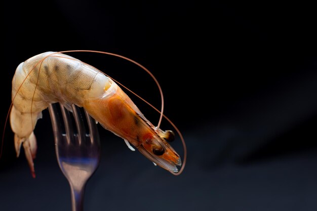 Fresh shrimp on a fork on a black background