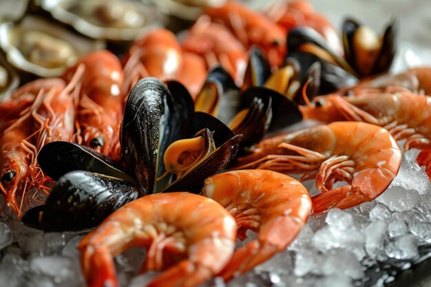 Foto molluschi e ostriche di gamberetti freschi disposti su un piatto e un letto di ghiaccio