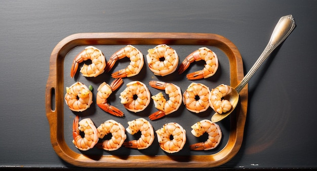 Fresh Shrimps Delight Lemon Black Peppercorns and Chili Garnished on Wooden Blackboard with Dark