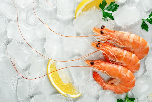 Fresh shrimps on ice background with lemon and parsley. Top view, copy space