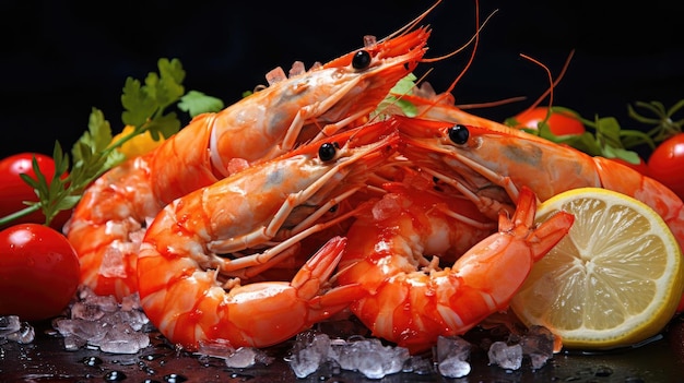 fresh shrimps on ice with lemon wedges black background and blur