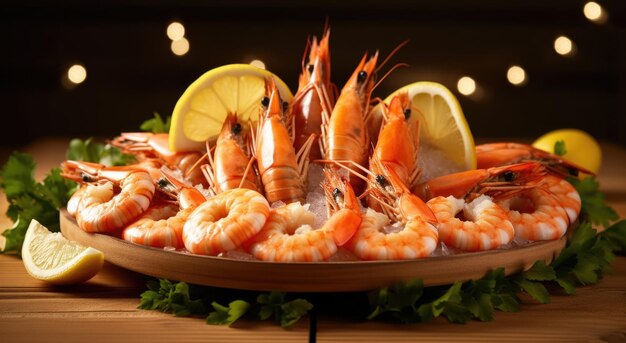 fresh shrimps on a wooden tray with lemon slices