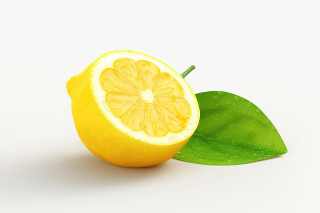 fresh slice of lemon with leaf on white background