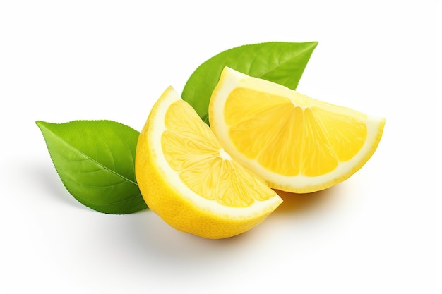 fresh slice of lemon with leaf on white background