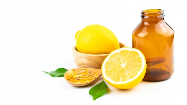 Fresh slice lemon with leaves, vitamin c capsule supplement from natural isolated