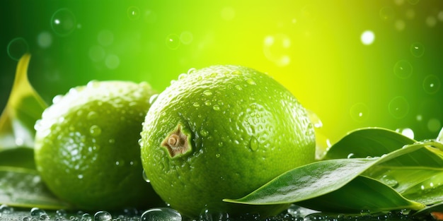 Fresh Slice Lime with Water Drop on Green Background Generative Ai