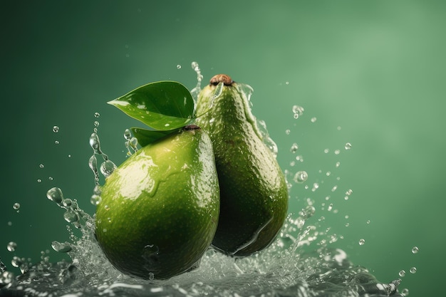 신선하게 잘라진 아보카도 물이 날아가는 녹색 배경 건강한 과일의 창조적 인 개념