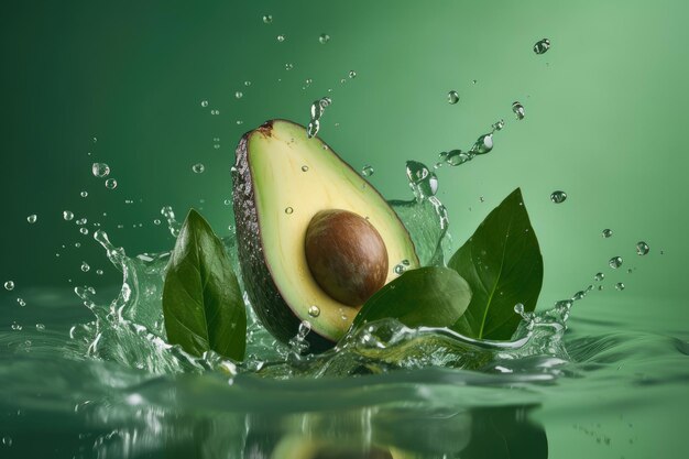 Fresh sliced avocado water flying green background Creative concept of healthy fruit generative IA