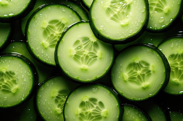 Fresh sliced cucumber slices in droplets of water top view