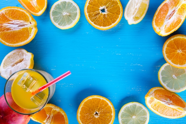 fresh sliced fruit on a wooden blue