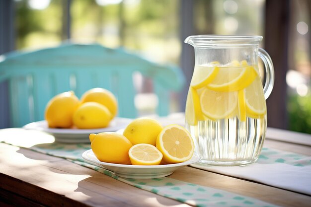 사진 피크닉 테이블 에 있는 유리 잔  에 새로 개진 레몬