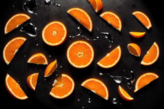 Fresh sliced orange fruit in water splash isolated on black