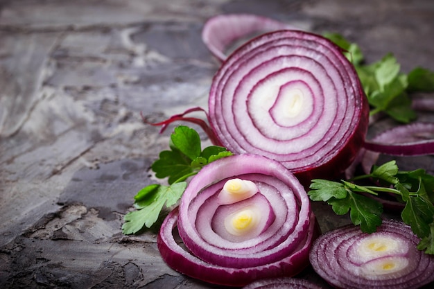 Fresh sliced red onion. Selective focus