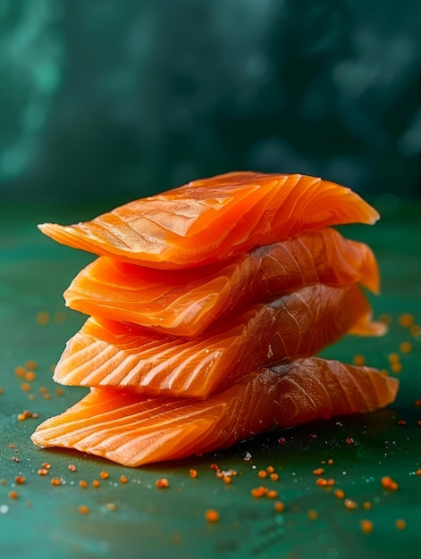 Фото Свежий нарезанный лосось сашими, сложенный на темно-зеленом фоне с морской солью