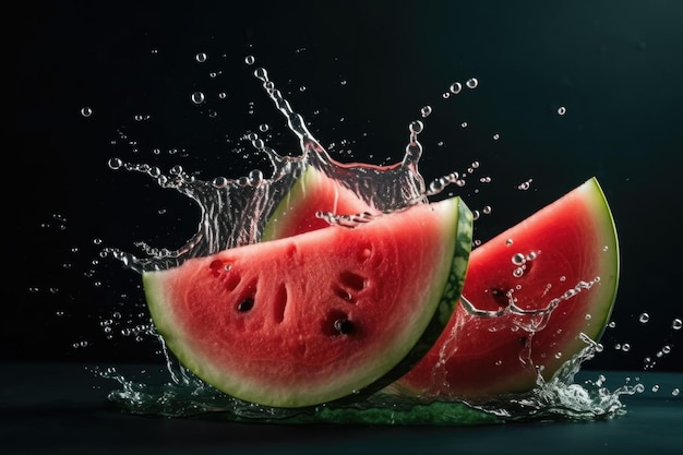 Fresh slices of watermelon flying splashing juice Generative AI