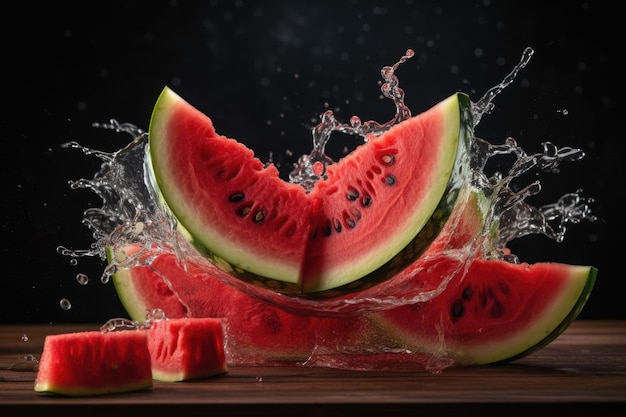 Fresh slices of watermelon flying splashing juice Generative AI