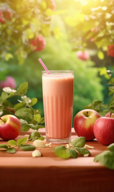 Fresh Smoothie Apple lassi with Apple fruit in studio background restaurant with garden