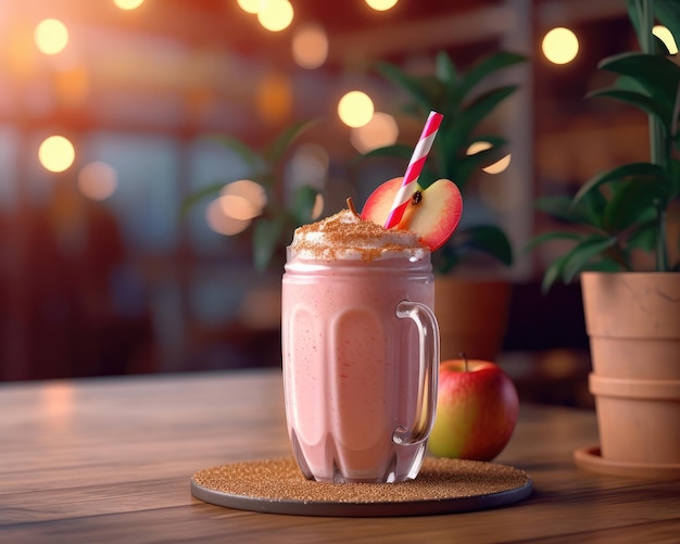 Fresh Smoothie Apple lassi with Apple fruit in studio background restaurant with garden