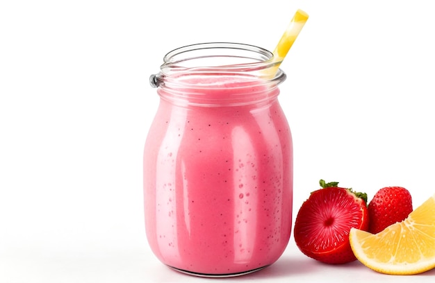 Fresh smoothie in glass jar on white background