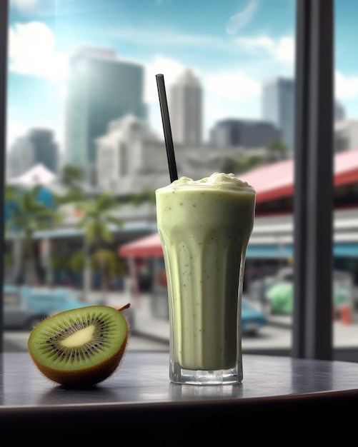 Fresh Smoothie kiwi lassi with kiwi fruit in studio background restaurant with garden