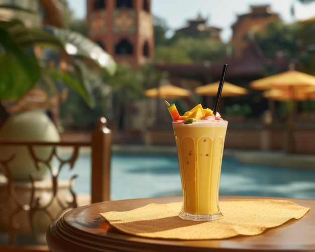 Fresh Smoothie mango lassi with mango fruit in studio background restaurant with garden