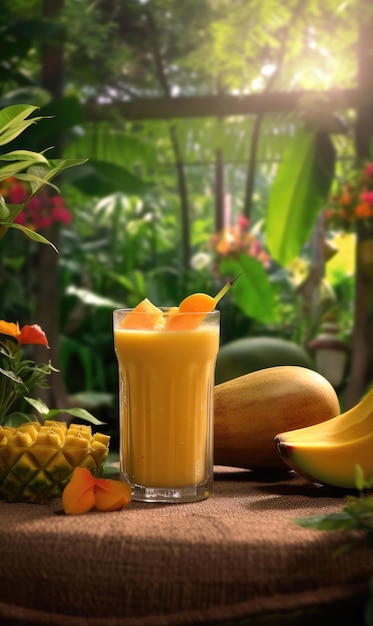 Fresh smoothie mango lassi with mango fruit in studio background restaurant with garden