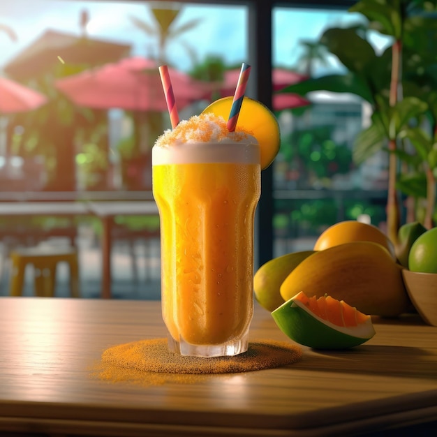 Fresh Smoothie mango lassi with mango fruit in studio background restaurant with garden