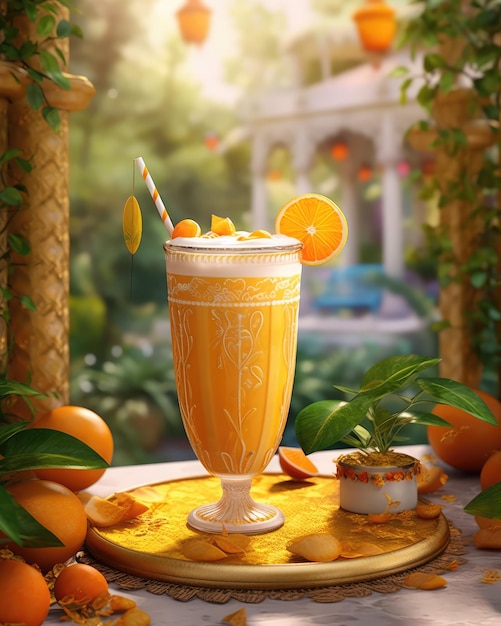 Fresh Smoothie orange lassi with orange fruit in studio background restaurant with garden