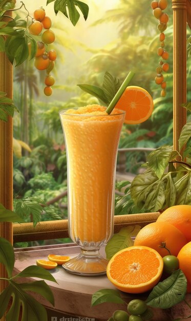 Foto frullato fresco lassi all'arancia con frutta arancione nel ristorante sullo sfondo dello studio con giardino