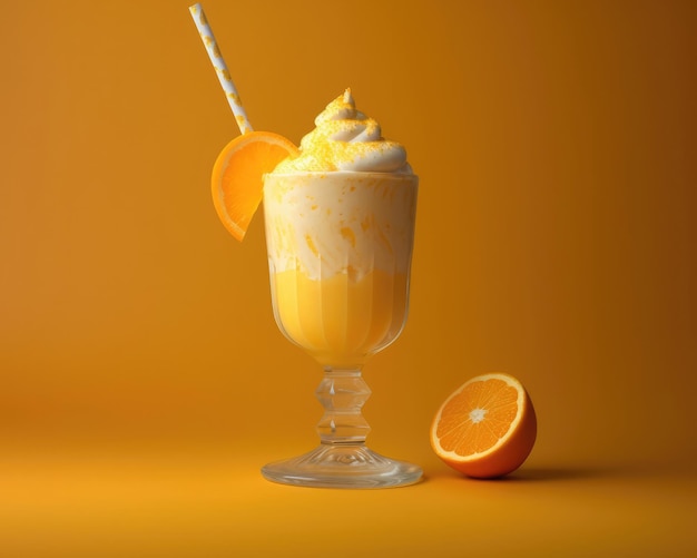 Fresh Smoothie orange lassi with orange fruit in studio background restaurant with garden