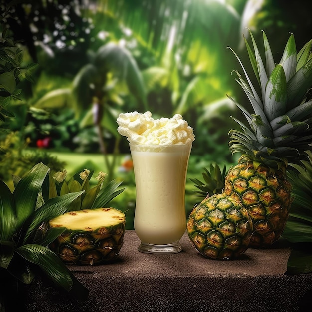 Fresh Smoothie Pineapple lassi with Pineapple fruit in studio background restaurant with garden