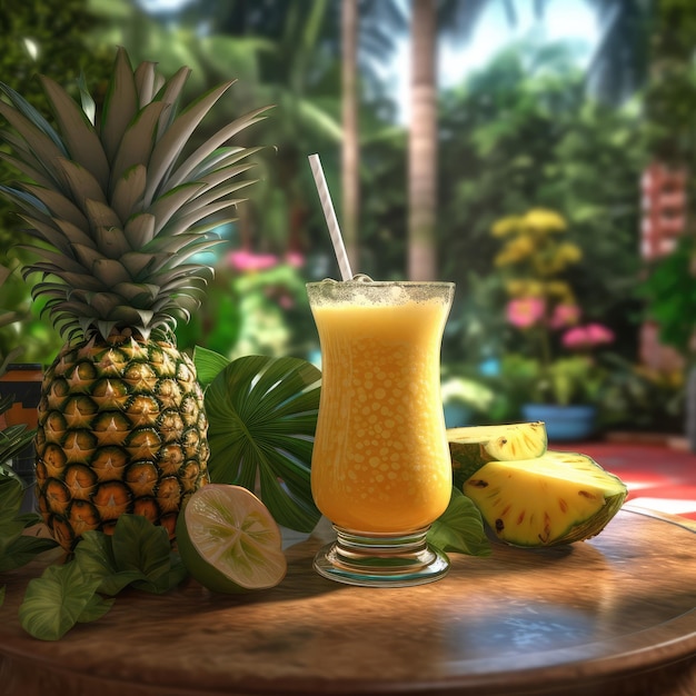 Fresh Smoothie Pineapple lassi with Pineapple fruit in studio background restaurant with garden