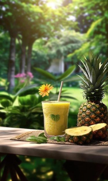 Fresh Smoothie Pineapple lassi with Pineapple fruit in studio background restaurant with garden