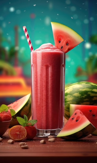 Fresh Smoothie Watermelon lassi with Watermelon fruit in studio background restaurant with garden