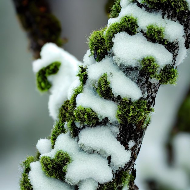 Fresh snow and moss on tree branch close up