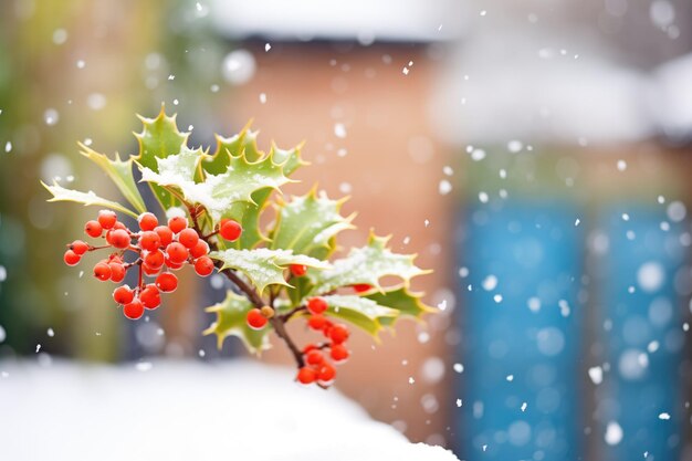 Fresh snowfall dusting over a holly bush