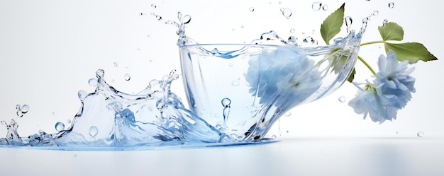 Photo fresh soft water element flows from glass cup on white background