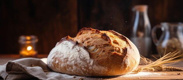 Fresh sourdough bread made at home displayed on a rustic background with space for text