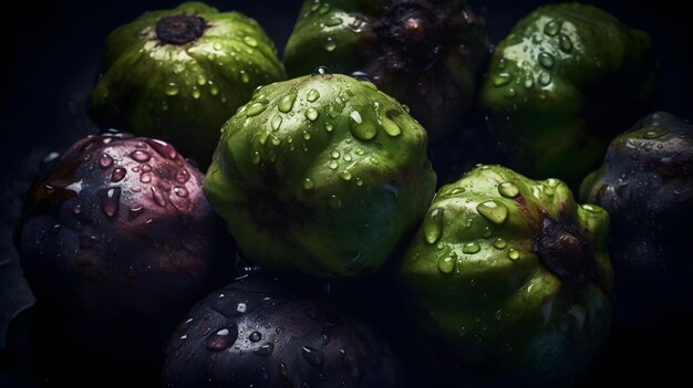 Fresh soursop with water splashes and drops on black background