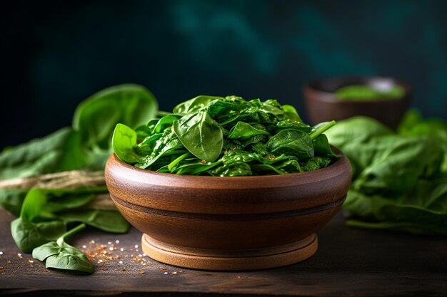 Photo fresh spinach in bowl on dark slate