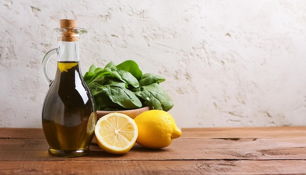 Photo fresh spinach leaves bottle of olive oil fresh lemon on kitchen table healthy cooking at home