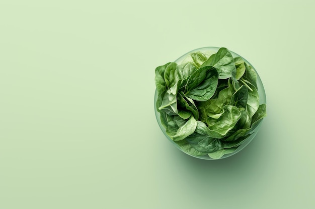 Fresh spinach leaves in a bowl Light green background top view Space for text