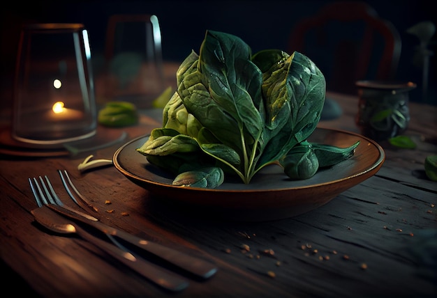 Fresh spinach leaves in a bowl on a rustic wooden table selective focus ai generated