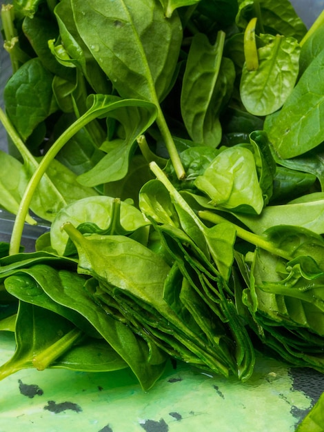 Foto gli spinaci freschi lasciano il cibo biologico da vicino