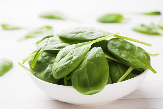 Fresh spinach leaves in a plate on a light table.